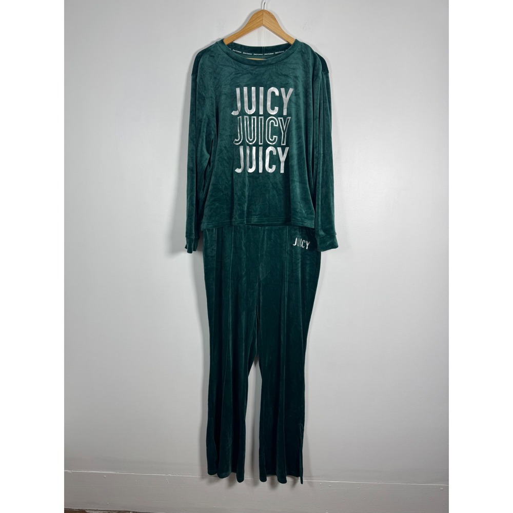 Y2K Juicy Couture Womens XL Lounge Set Green Velour Silver Logo Pajamas 2pc
